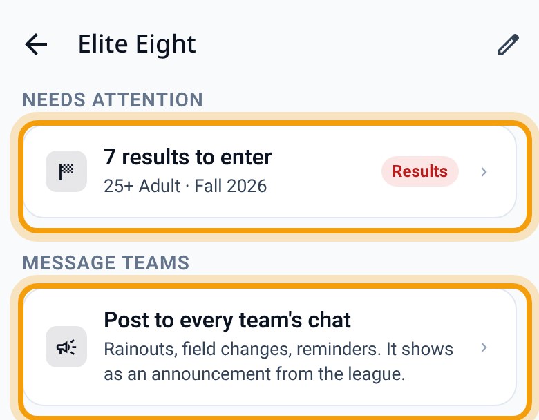 Elite Eight league page with results to enter and post to every team's chat highlighted